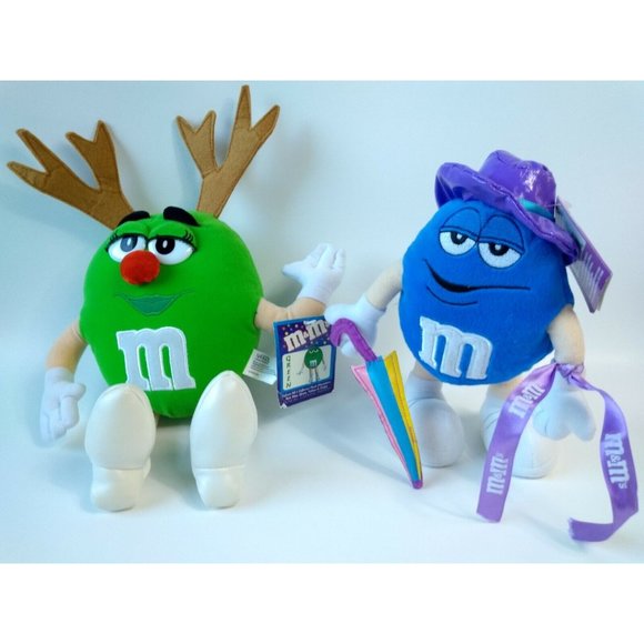 RARE NANCO 15" M&M's Green Christmas Reindeer+ 10" Blue M&M in Beachwear Plushie